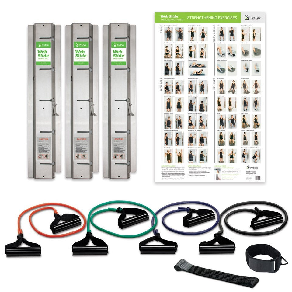 The Web Slide Home Station–Fitness Edition is one versatile system with 3 modular steel rails. Includes 4 different resistance rated ExerBand 3′ Bilateral Tubes & Training Poster