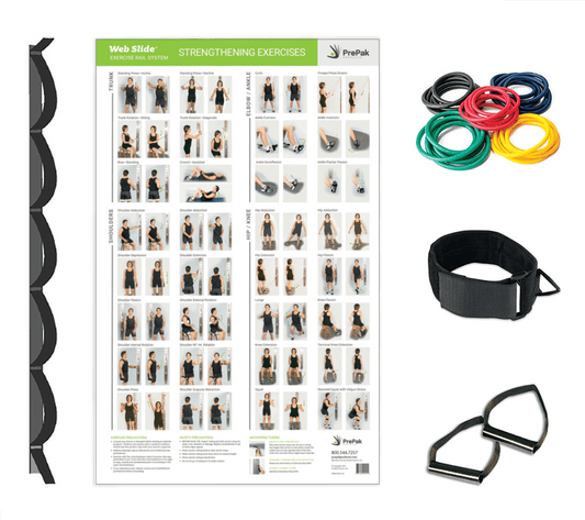 Prepak Economy Gym picture showing what it contains: Tubing, handles, door mount, posters